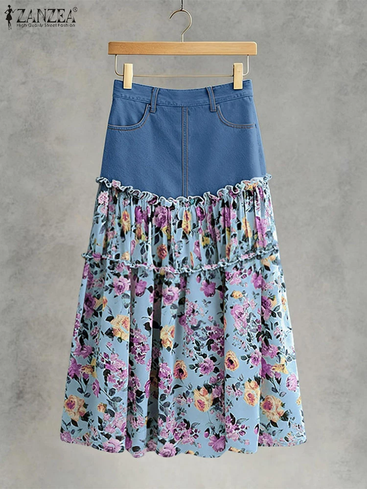 2025 ZANZEA Vintage Women Floral Print Long Skirts Autumn Elastic Waist Jupes Faldas Saia Patchwork Casual Pocket Maxi Bottoms