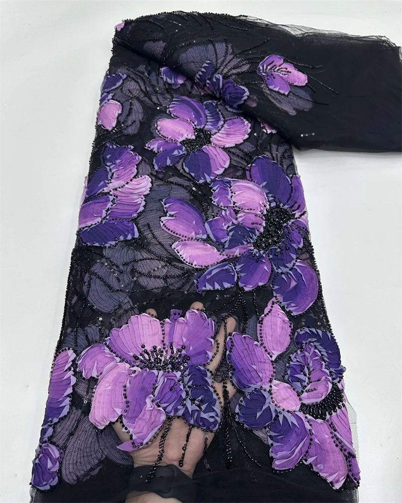 African Handmade Beaded Tulle Lace Fabric French Style Net with Sequins And Pearls for Bridal Party Dresses