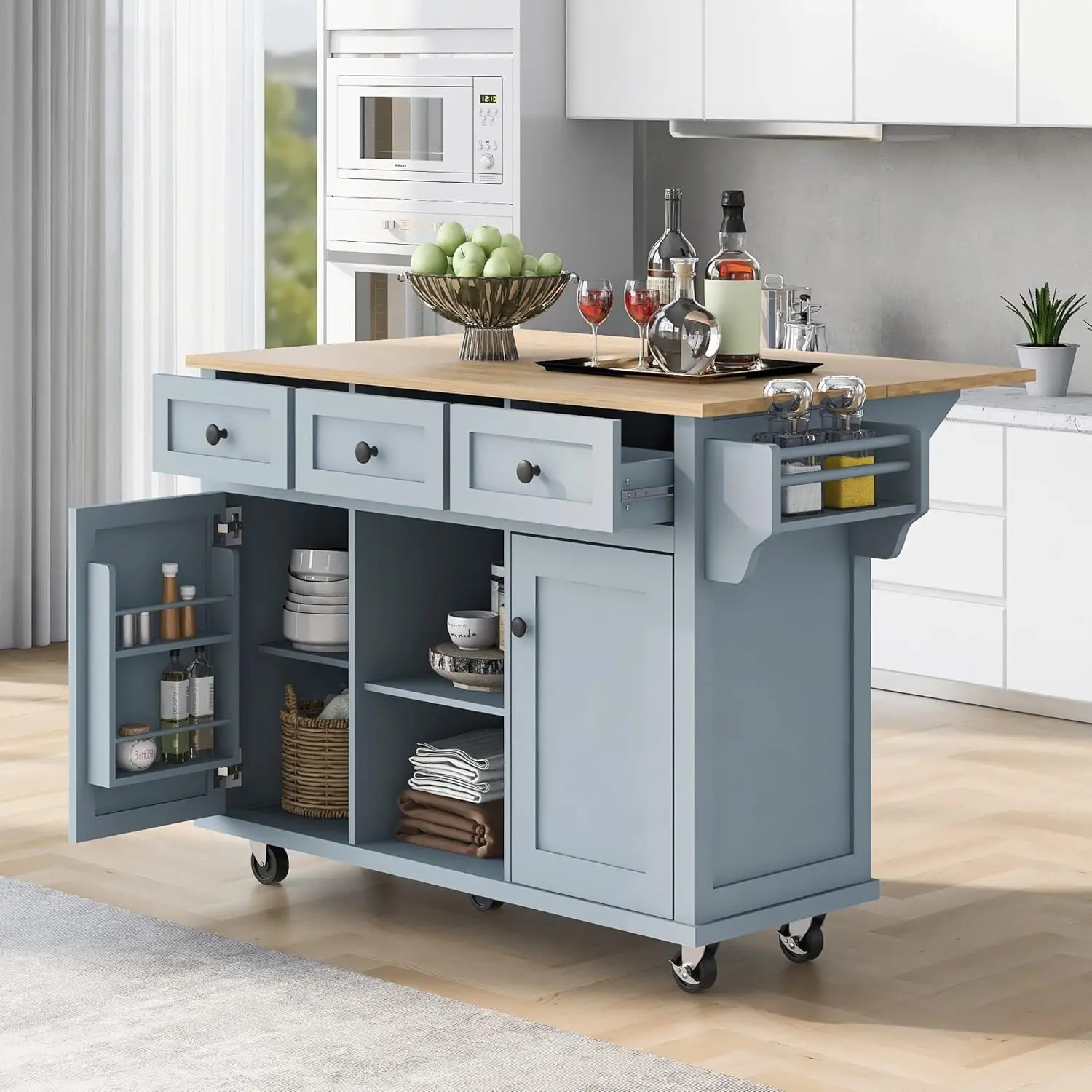 Rolling Kitchen Island Cart with Storage, Moveable Kitchen Island with Drop Leaf, Portable Kitchen Storage Islands & Carts