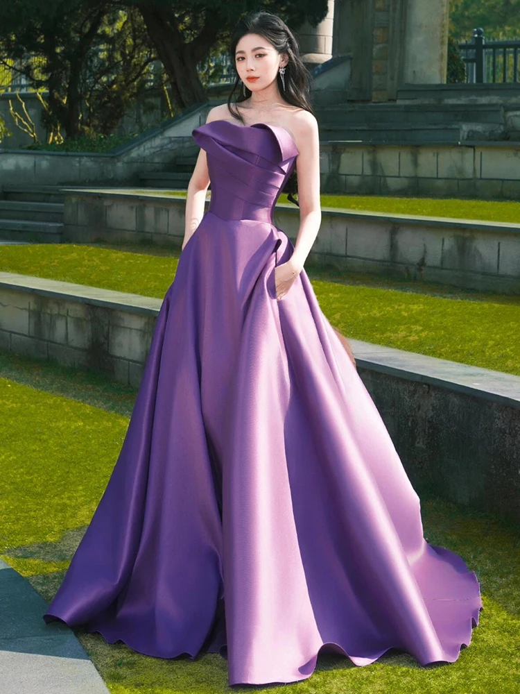 

Purple Strapl Evening Gown Performer Bride Student aduation Host A-Line Skirt Long Dr Korean Sle Wedding Dr