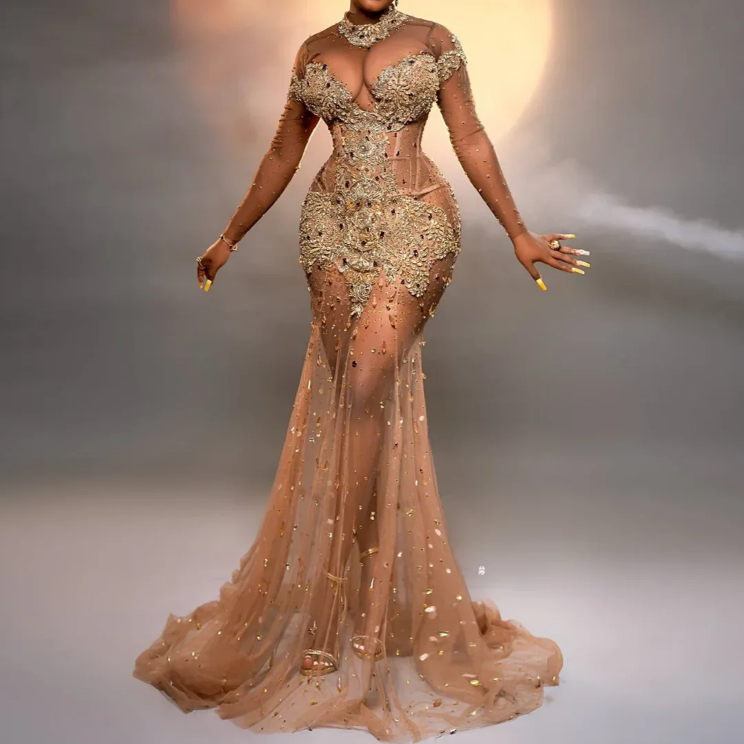 

African Illusion Tulle Crystals Lace Wedding Reception Dress Luxury Beaded Birthday Dress Black Girls Prom Dress Customized