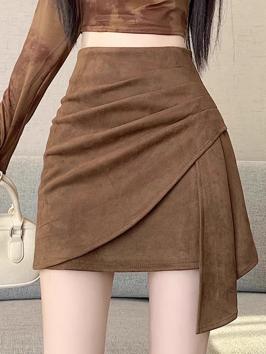 

Unique Asymmetrical Suede Skirts for Women retro-style Pencil Skirt Ankle Boots Skirt for Fall Winter, chic outfit