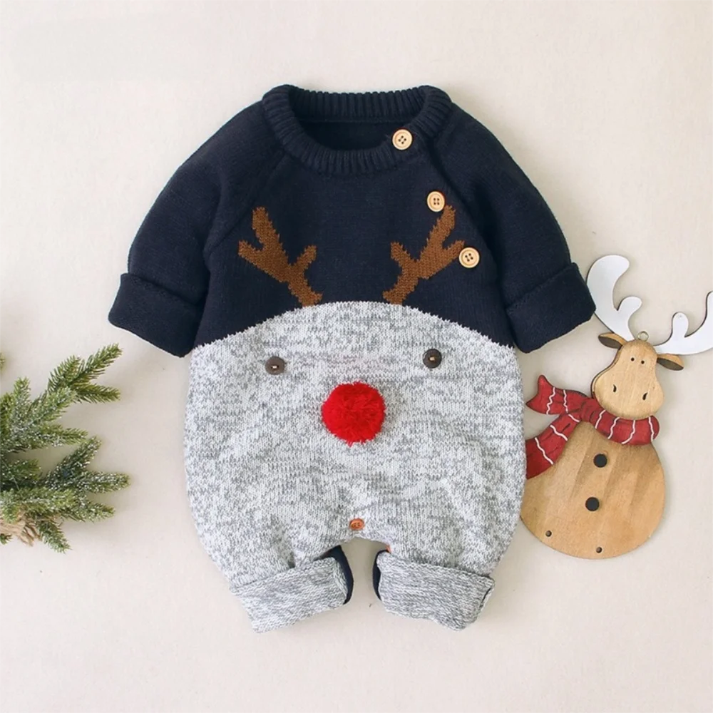 High Quality Christmas Deer Knitted Jumpsuit Long Sleeve Keep Warm Romper Costumes Clothes Autumn Winter