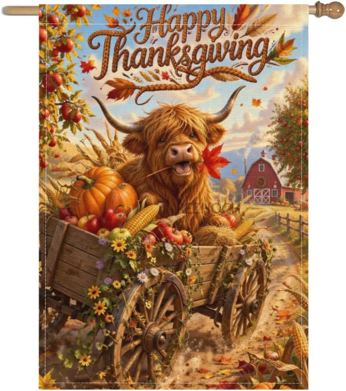 Thanksgiving Garden Flag 28x40Inch,Fall Harvest Fun Highland Cow Yard Decor,Cute Animal Autumn Farm Truck Pumpkins Apples Co IIC