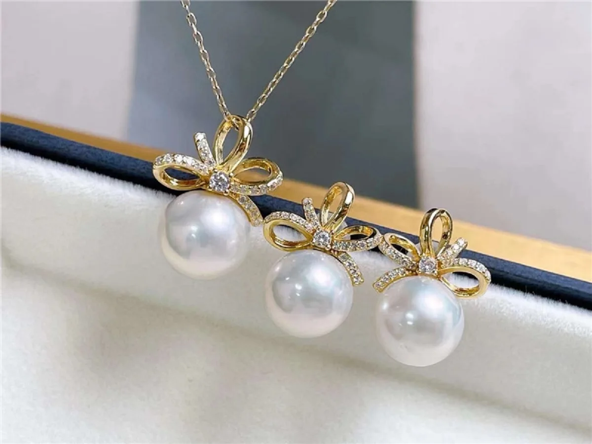 orgeous AAA+++ 10-9mm  South sea 18K gold-plated bow style pearl pendant earring set