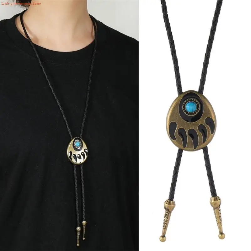 F92D Elegant Western Bolo Tie Necktie with Turquoises Stone And Bear Claw Alloy Charm Leather Cord Necklace For Men and Women