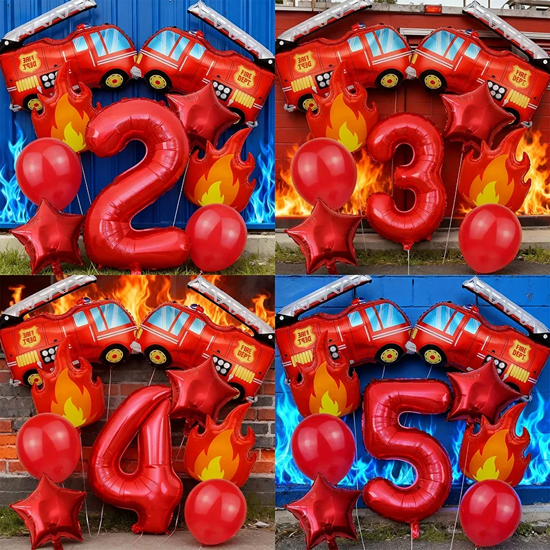 9-teiliges Feuerwehrauto Flammen-Ballon-Set 32 Zoll Rote Zahlen 0-9 Geburtstagsballons Feuerwehr-Party-Dekorationen Festival-Partyzubehör