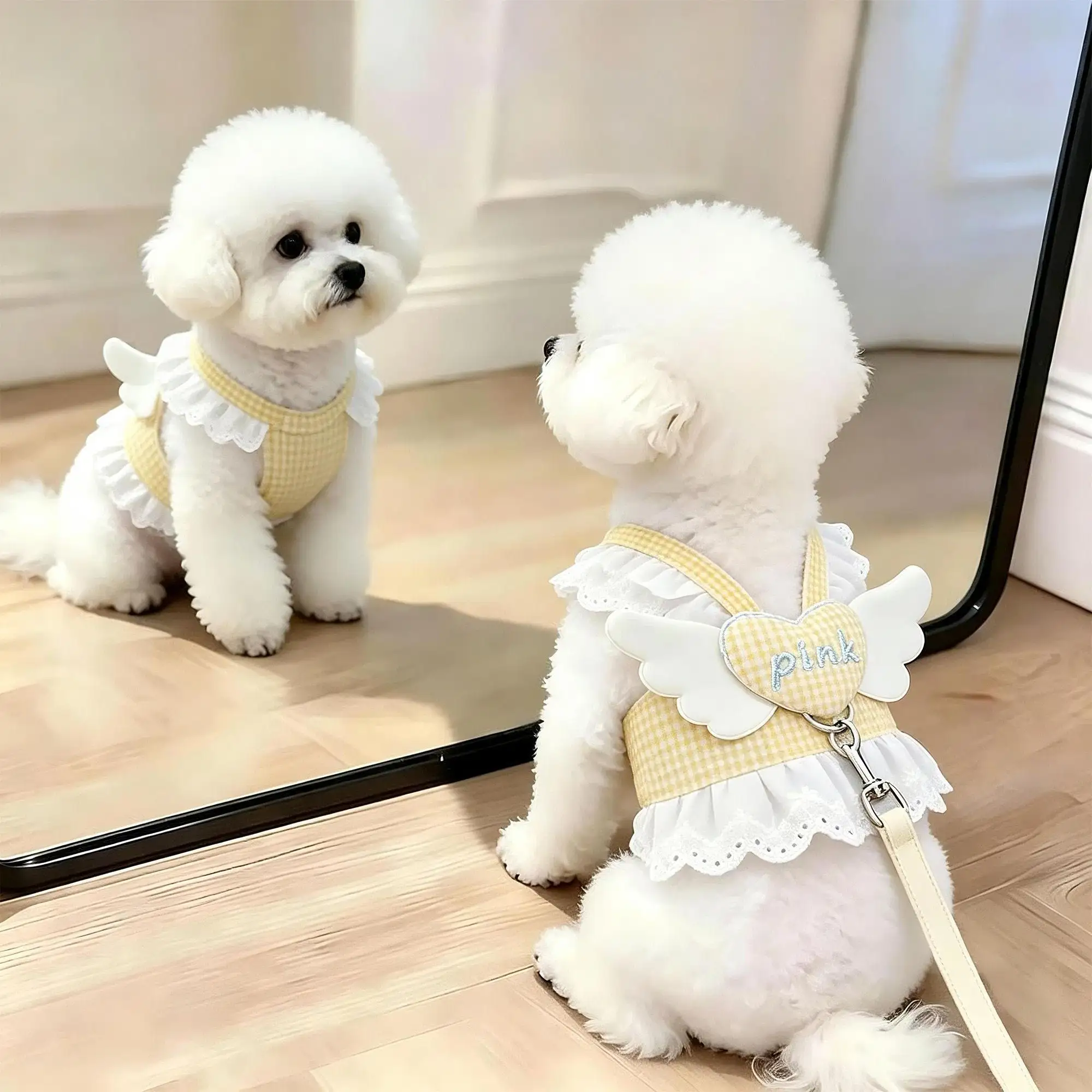 Cute Pink Lace Ruffle Plaid Dog Harnesses Vest Angel Heart Mesh Pet Chest Strap for Small Medium Dog Cat Outdoor Walking Apparel