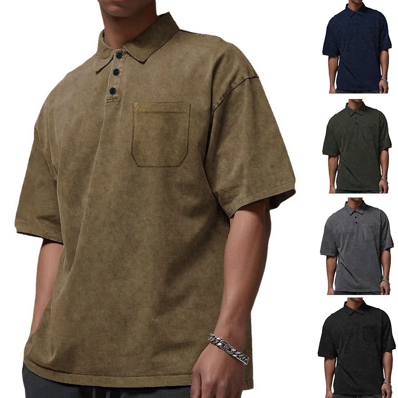 

New Retro Short Sleeved Men's T-shirt, Heavyweight Summer Casual Lapel Short Sleeved Men's High Street T-shirt Polo Shirt