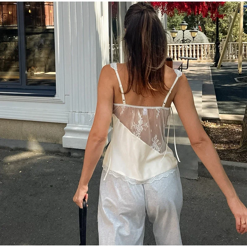 Spitzen-Patchwork-Rückenfreie Oberteile für Damen, sexy Spaghetti-Träger, ärmellos, mit Schnürung, plissiertes Cami-Top, charmante Damen-Partykleidung, Strandkleidung – Detail 9