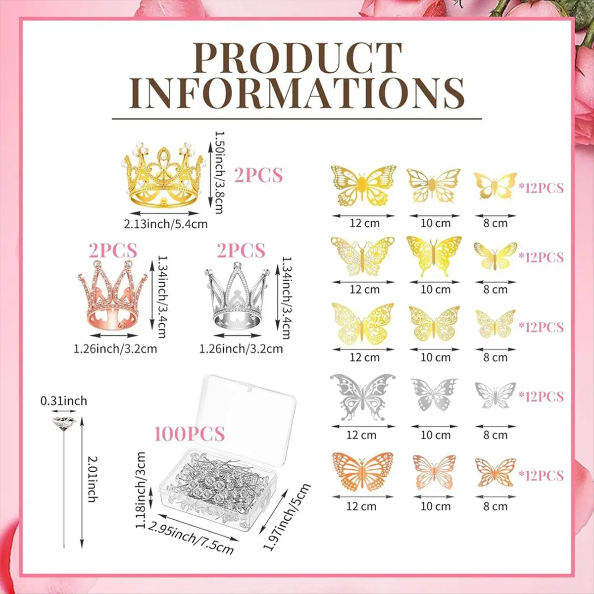 Budget-Friendly 166 Pcs Crown Decor for Flower Bouquet with 6 Crown Cake Topper 100 Corsage Pins 60 Butterflies Multicolor