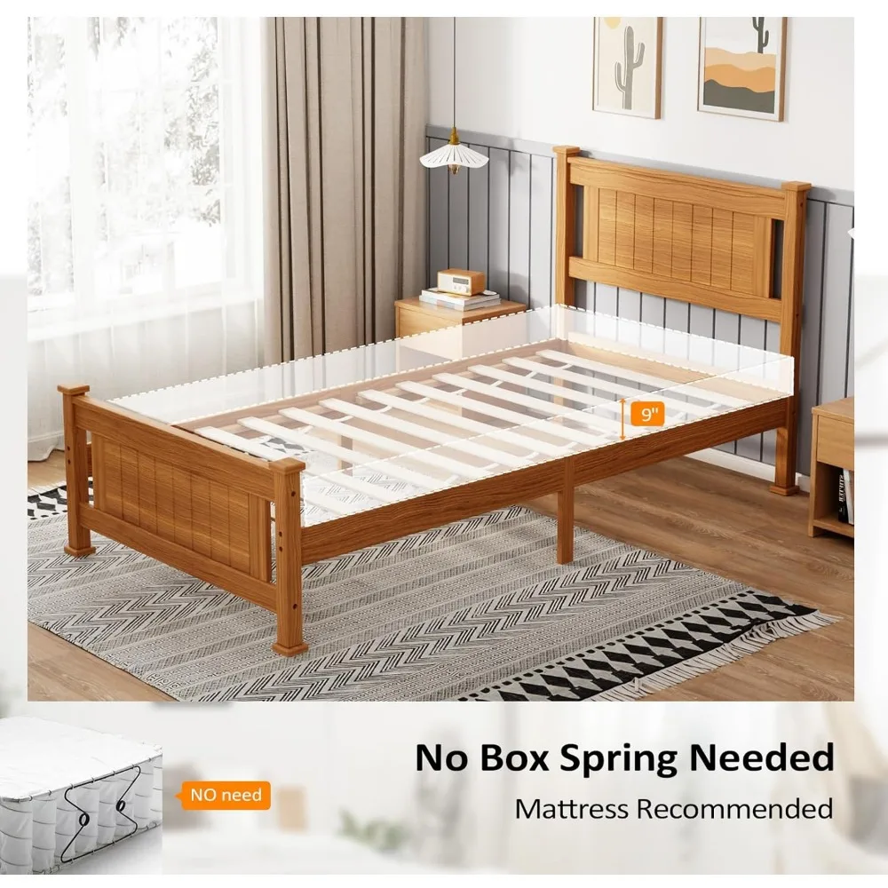 VINGLI Twin-Bettgestell, 2er-Set, Massivholz-Plattformbettgestell, Einzelbett mit Kopfteil, kein Boxspringbett erforderlich, Paneelbett, Holzschlange