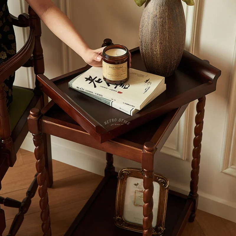 

French Vintage Solid Wood Side Table Artistic Sofa Accent Stand Movable Tray Floor Storage Cabinet High End Decorative Shelf