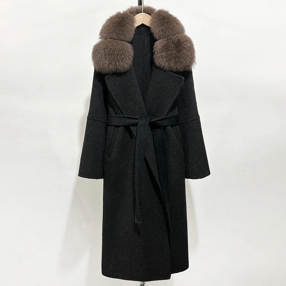 

Шерстяное пальто Женское осеннее женское пальто из натурального меха Новая мода Теплое шерстяное пальто Весеннее длинное пальто с большим воротником из лисьего меха Смерческие шнуровки