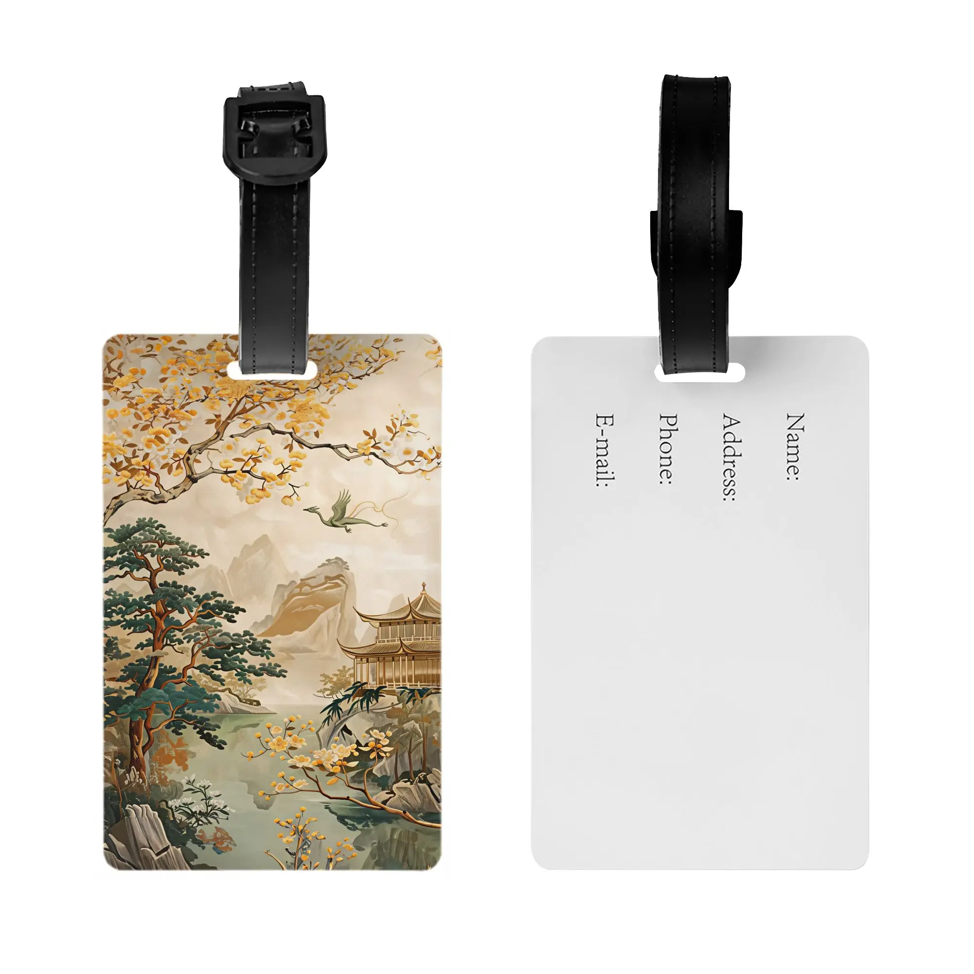 Chinese Golden Autumn Dragon Pavilion Mountain Zen Luggage Tag With Name Card  Privacy Cover ID Label for Travel Bag Suitcase