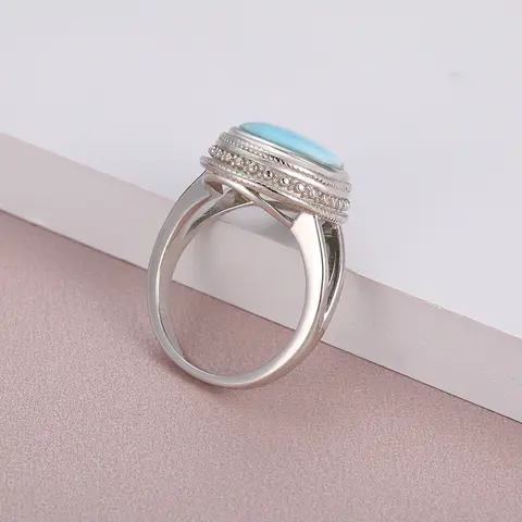 925 스털링 실버 천연 보석 Larimar 빅 링 복고풍 디자인 클래식 간단한 여성 쥬얼리 여성 데이트