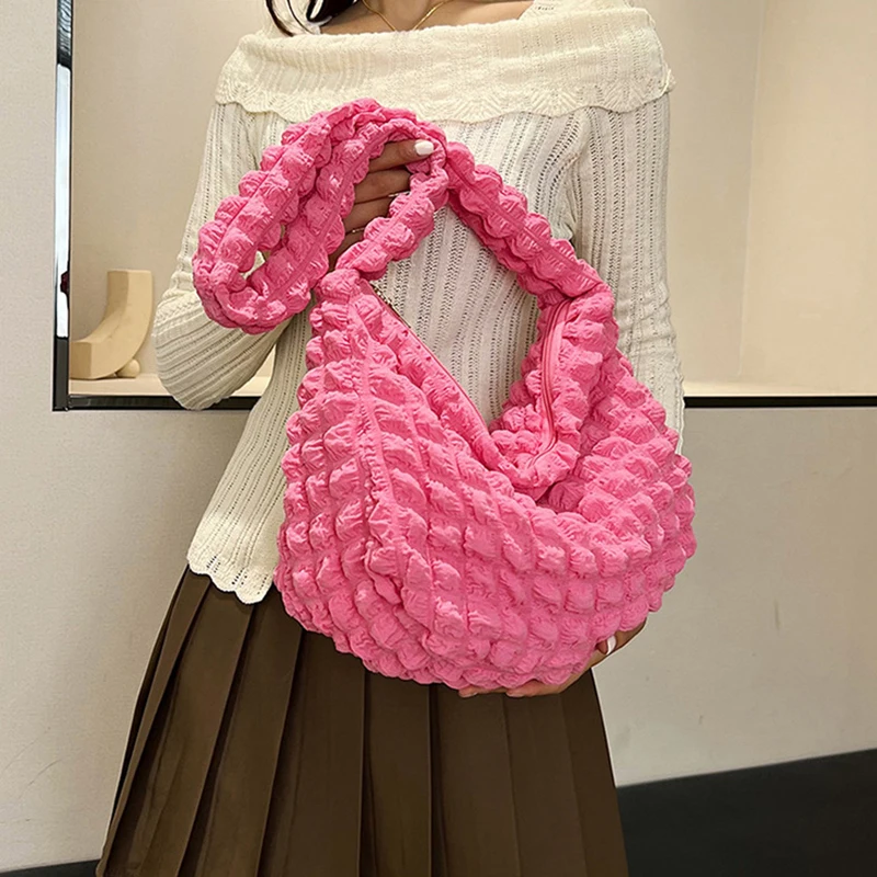 Large Capacity Shoulder Bag Embroidered Plaid Quilted Crossbody Bag Underarm Bag Tote Bag Pleated Bubbles Handbag