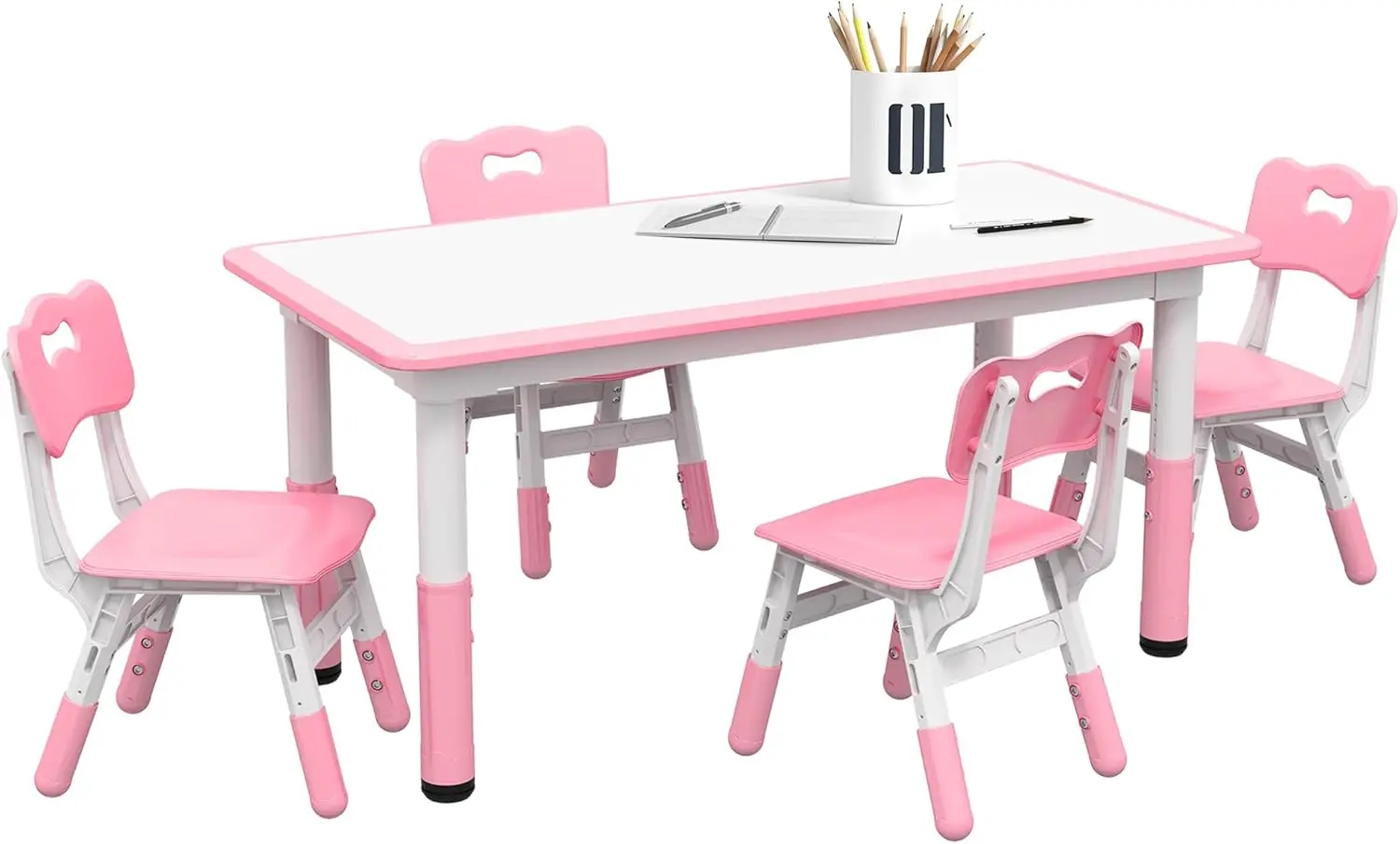 Qaba Kinder Tafel En Stoel Set, 5 Delige Peuter Tafel En Stoel Set Met 4 Stoelen Verstelbare Hoogte, Voor Snack Tijd,