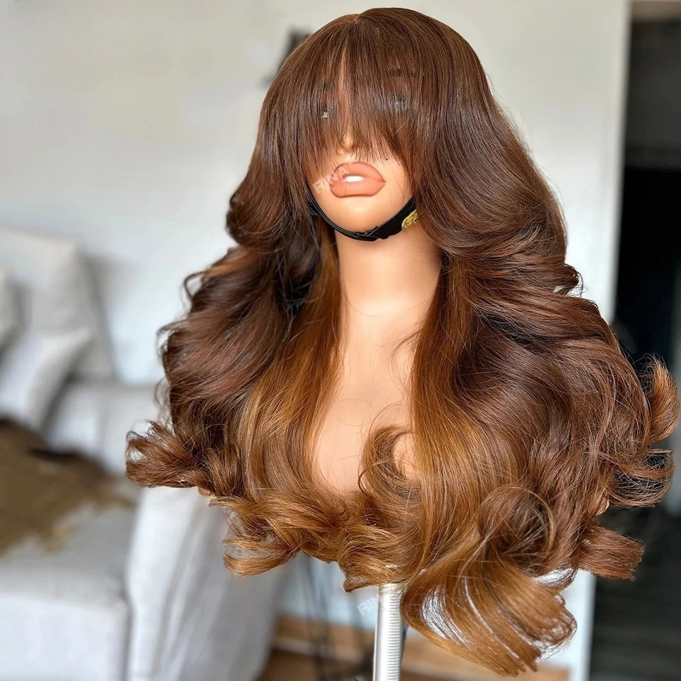 Perruque أومبير براون مع بانج مقاومة للحرارة بيروكات صناعية الجسم موجة شعر مستعار 13X4 HD الدانتيل الباروكات الأمامية قبل قطعها الاستخدام اليومي للحفلات