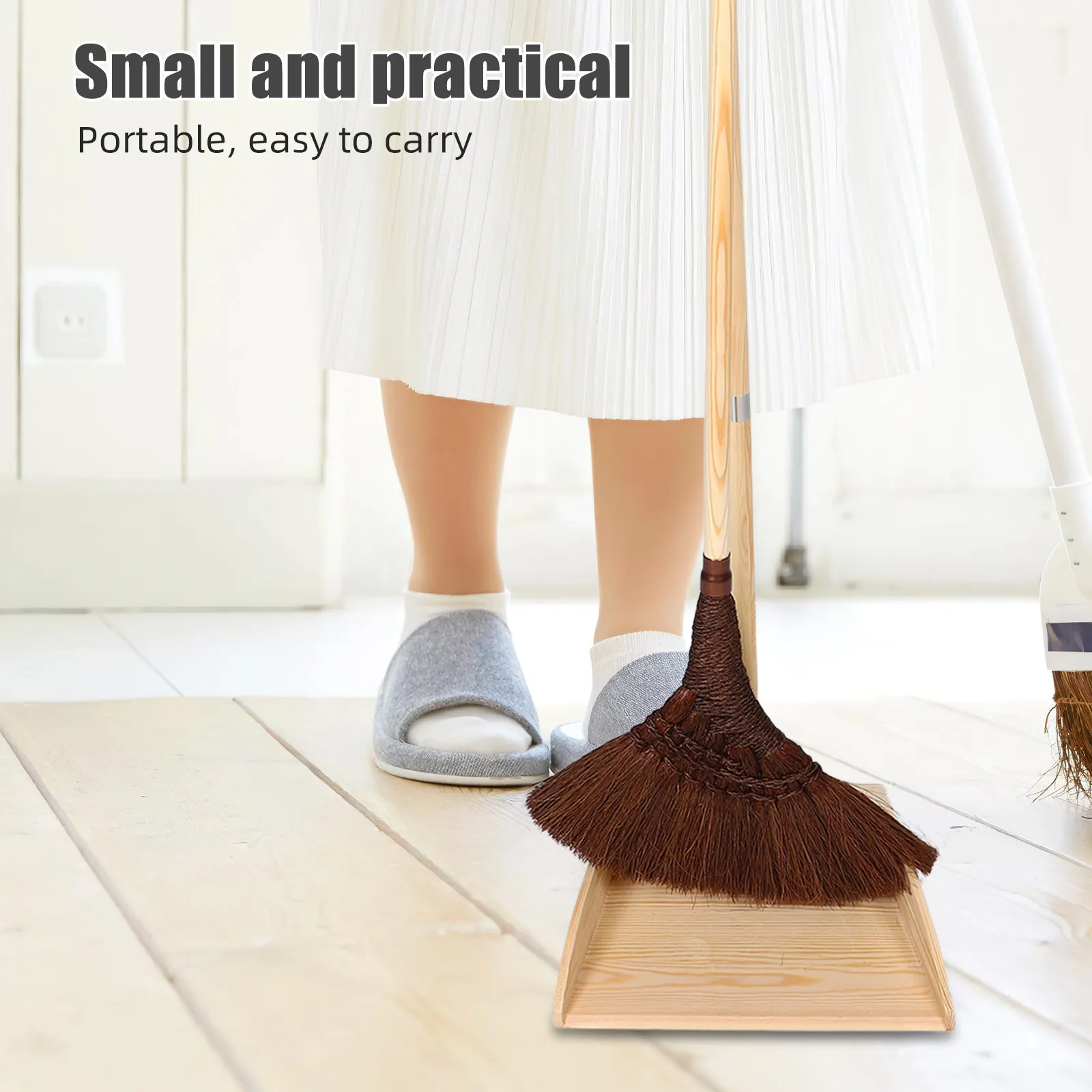 

1Set Japanese Style Handmade Broom and Dustpan Set Natural Palm Fiber Long Handle Broom Wooden Dustpan Scratchfree Floor