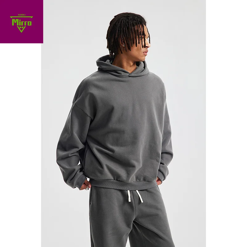 

【Mirrordust】25Осенняя толстовка из чистого хлопка с капюшоном в американском стиле, свободный однотонный пуловер, свитер окрашенного цвета