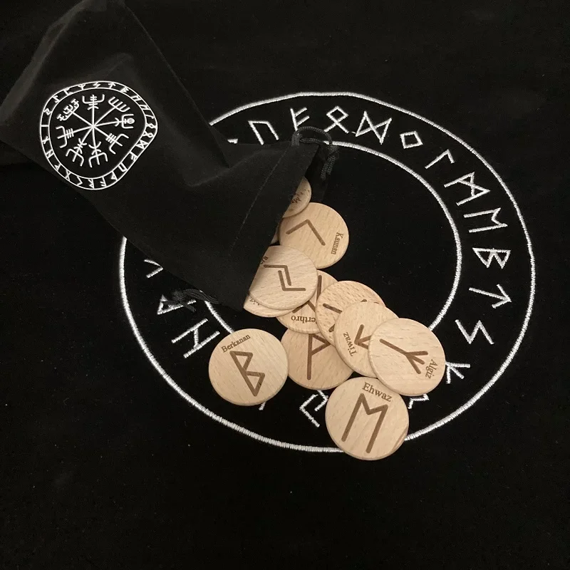 25pcs/set handmade wood Viking runes symbols beads Gypsy rune Divination sign wizard ritual Props with cloth bag