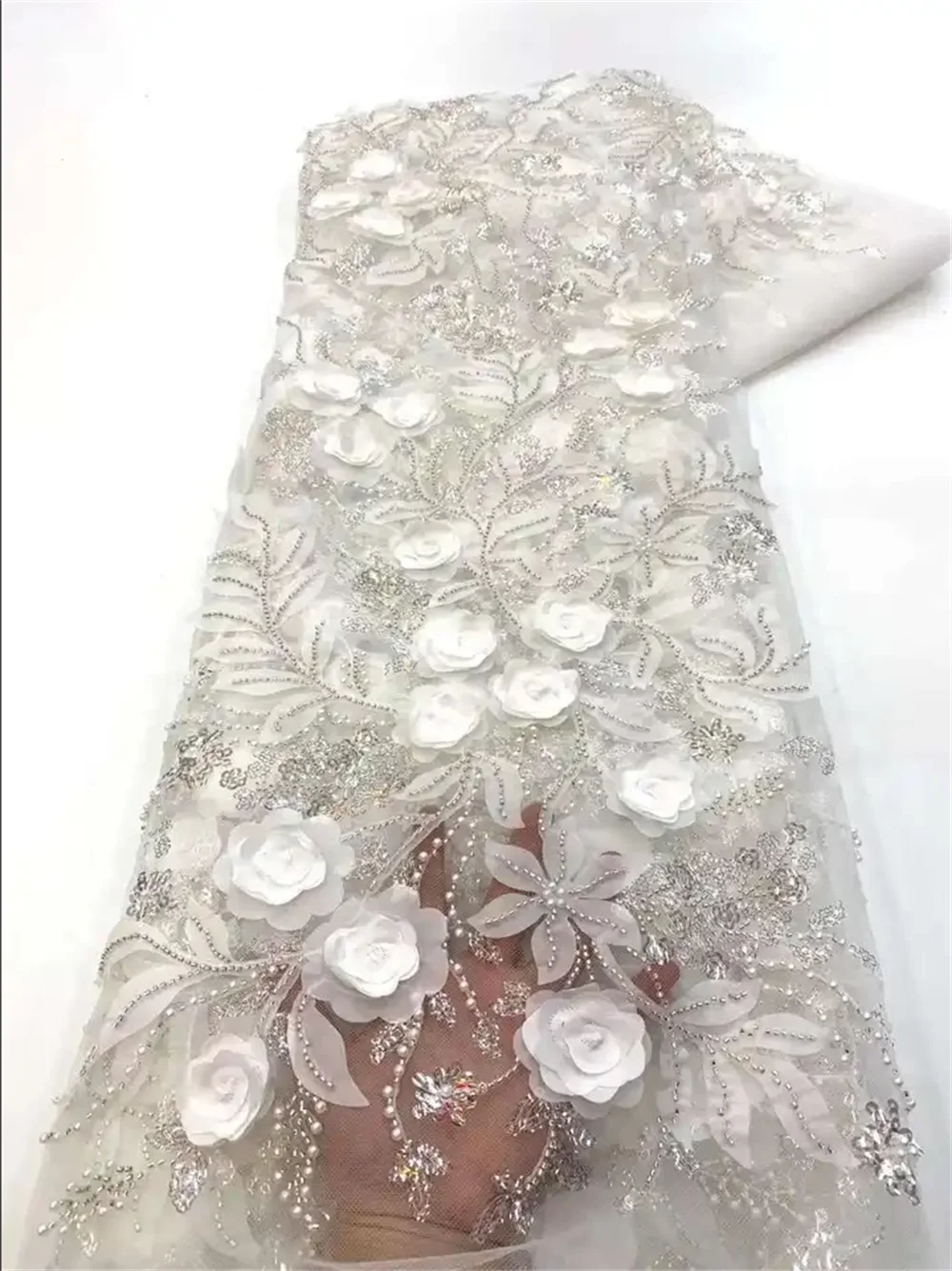 French African 3D Lace Fabric 2024 With Beaded High Quality Embroidery For Women Wedding Dress Nigerian Lace Mesh Fabric 5 Yards