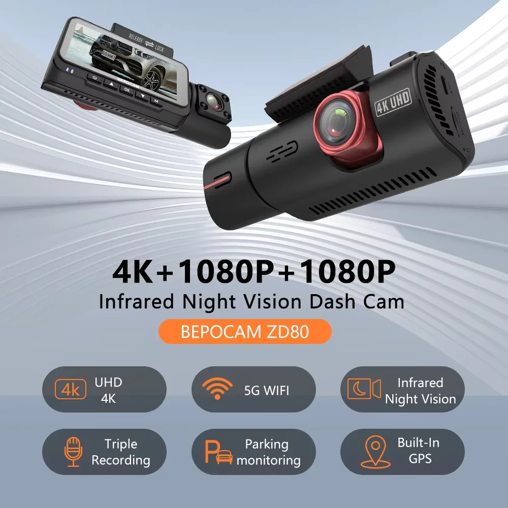 BEPOCAM ZD80 4K+1080P+1080P Dash Cam 3 Cameras Built-In GPS Tracker 5G WiFi Infrared Night Vision Car DVR Vehicle Dash Camera