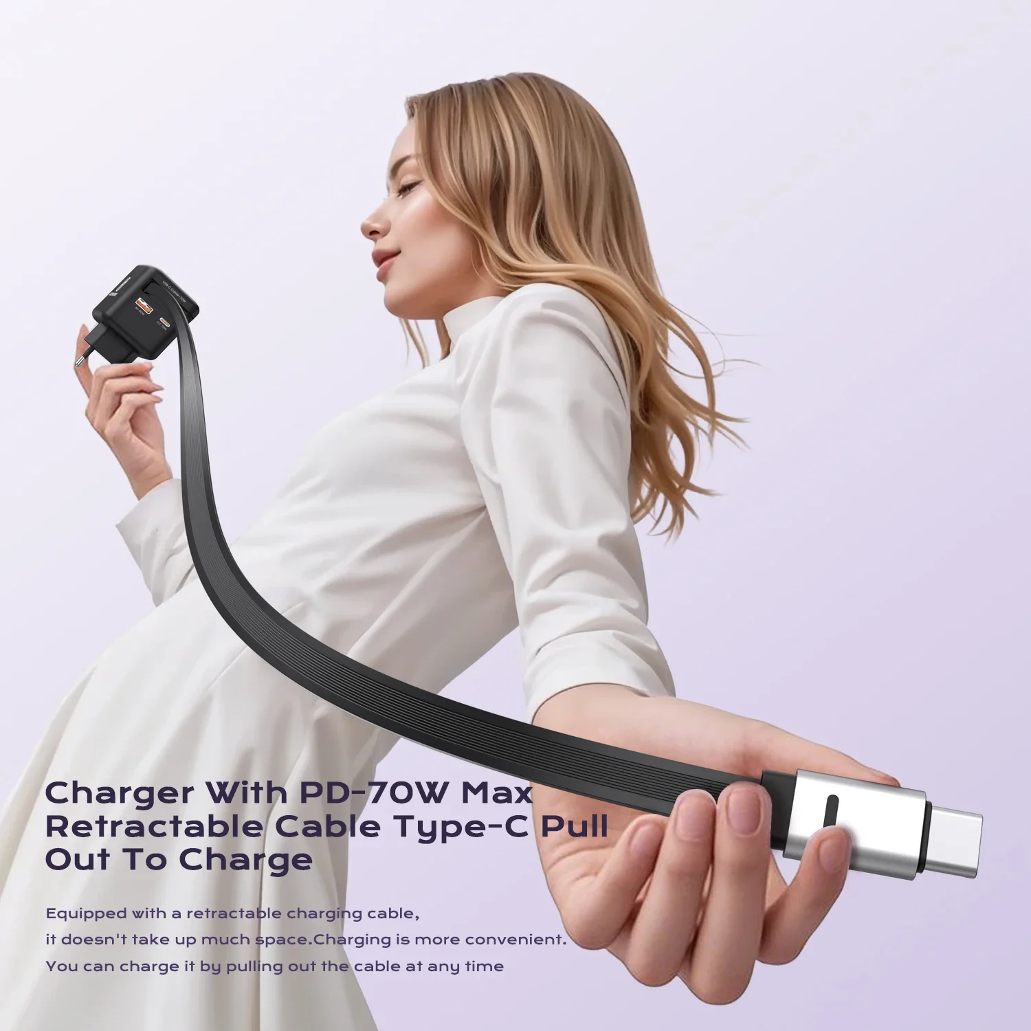 70W GaN Fast Charger with Type-C Retractable Cable 3 IN 1 PD3.0 QC4.0 PPS Fast Charging for IPhone 16 15 14 Xiaomi Tablet Laptop