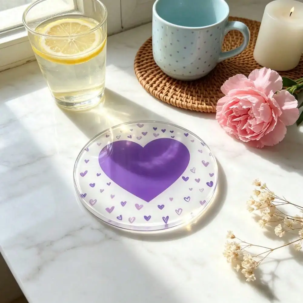 Round acrylic coaster featuring a heart print: a white background covered in tiny hearts, with a large heart in the center.
