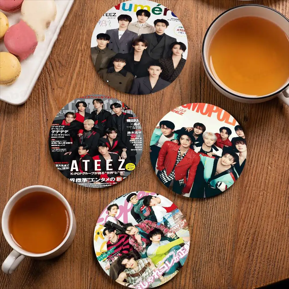 

A-ATEEZ KPOP Retro Wooden Cup Mats Elements Colour Printing Cup Coasters Home Kitchen Decora Gifts