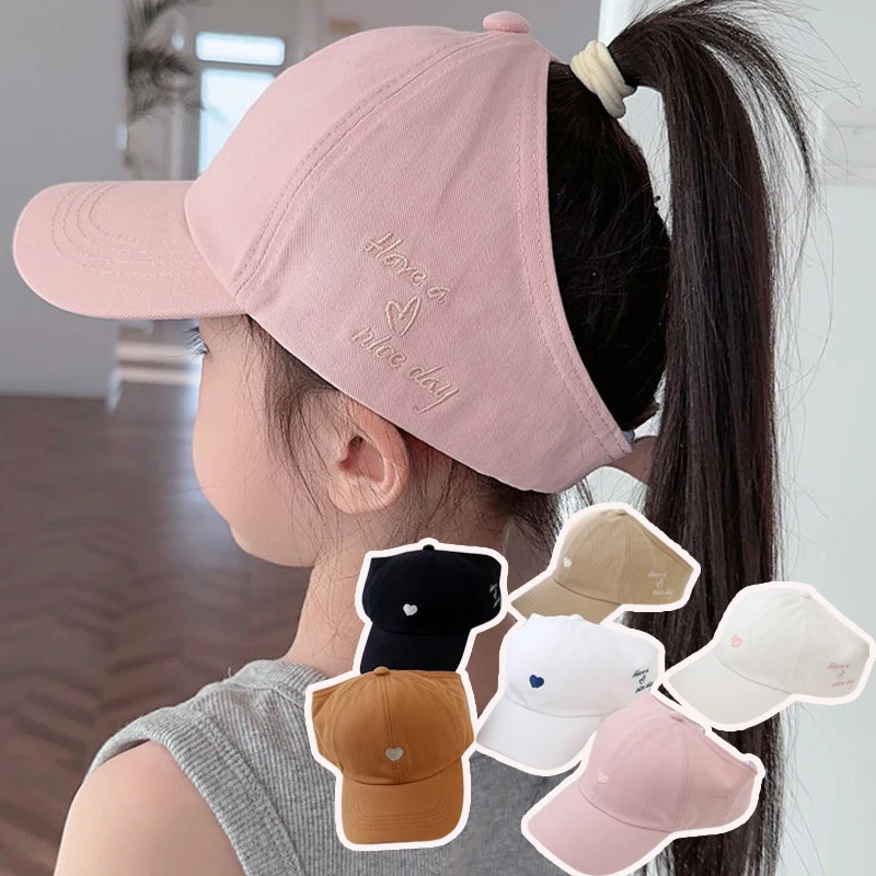 

Embroidered Heart Children's Visorless Hat Summer Sun Protection Ponytail Baseball Cap Solid Color Outdoor Children's Sun Hat