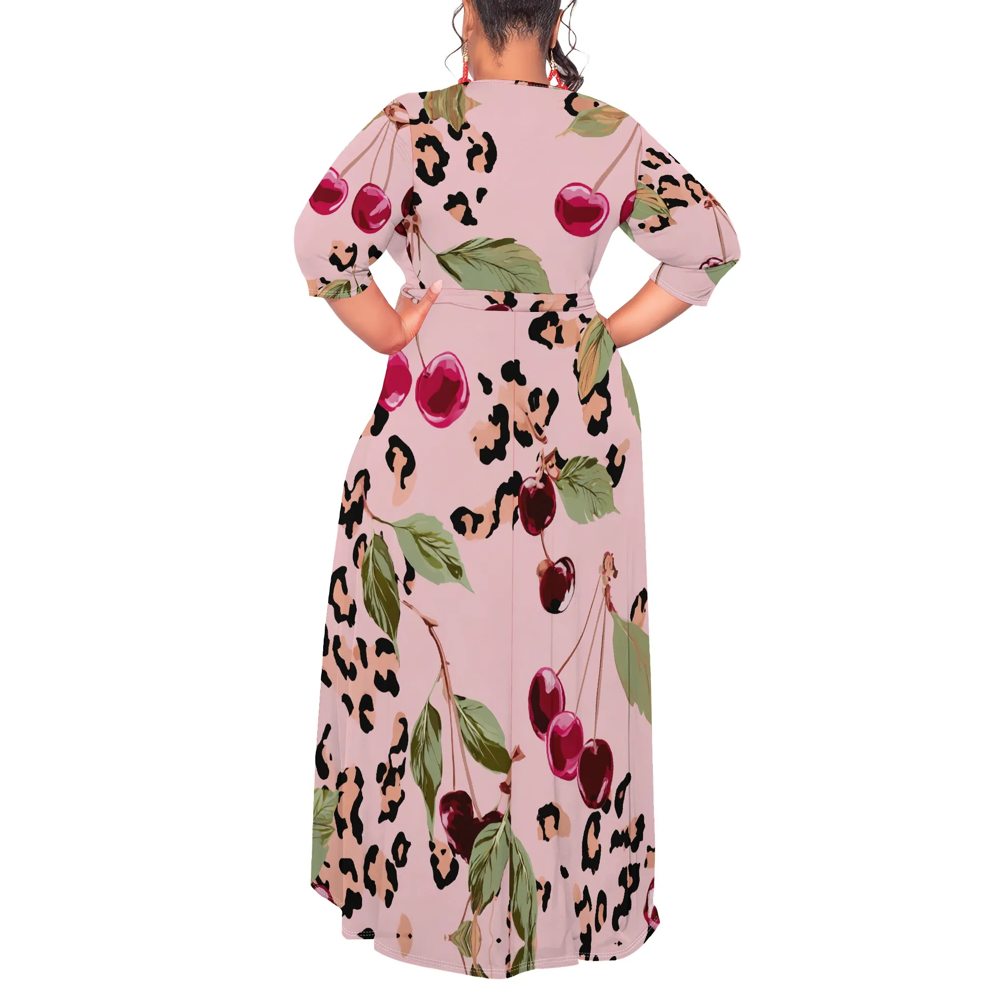Cherry Leopard Print Wrap Dress XL-6XL V-Neck 3/4 Sleeve Belted Maxi Style for Summer Brunch, Picnic Date or Pride Party Look
