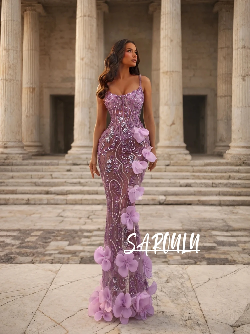 

Lavender 3D Flower Beaded Mermaid Evening Dress Women Spaghetti Strap Sheer Sexy Formal Statement Party Prom Gown Customized