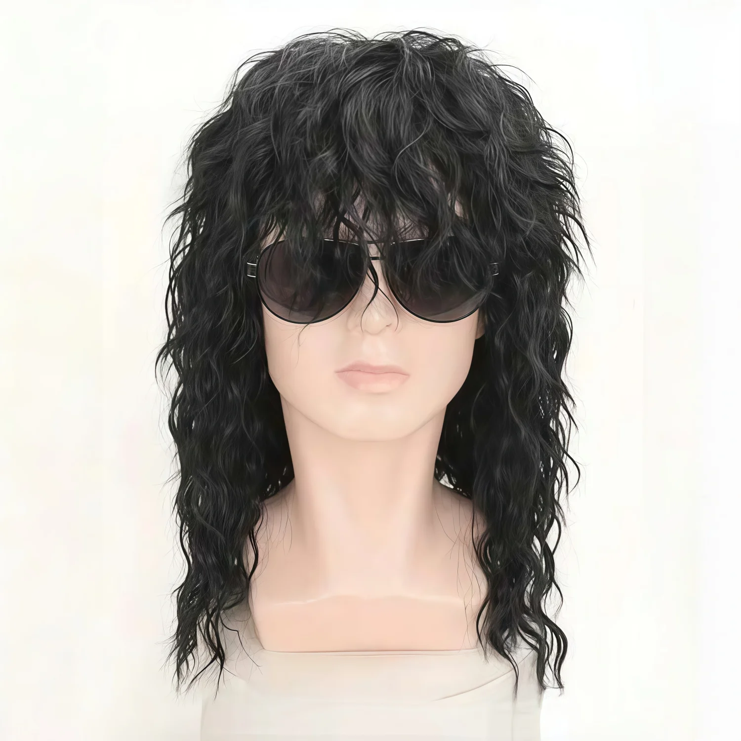 Vintage 70s & 80s Punk Rocker Wig - Heat Resistant, Long Curly Black Synthetic Hair for Man and Women