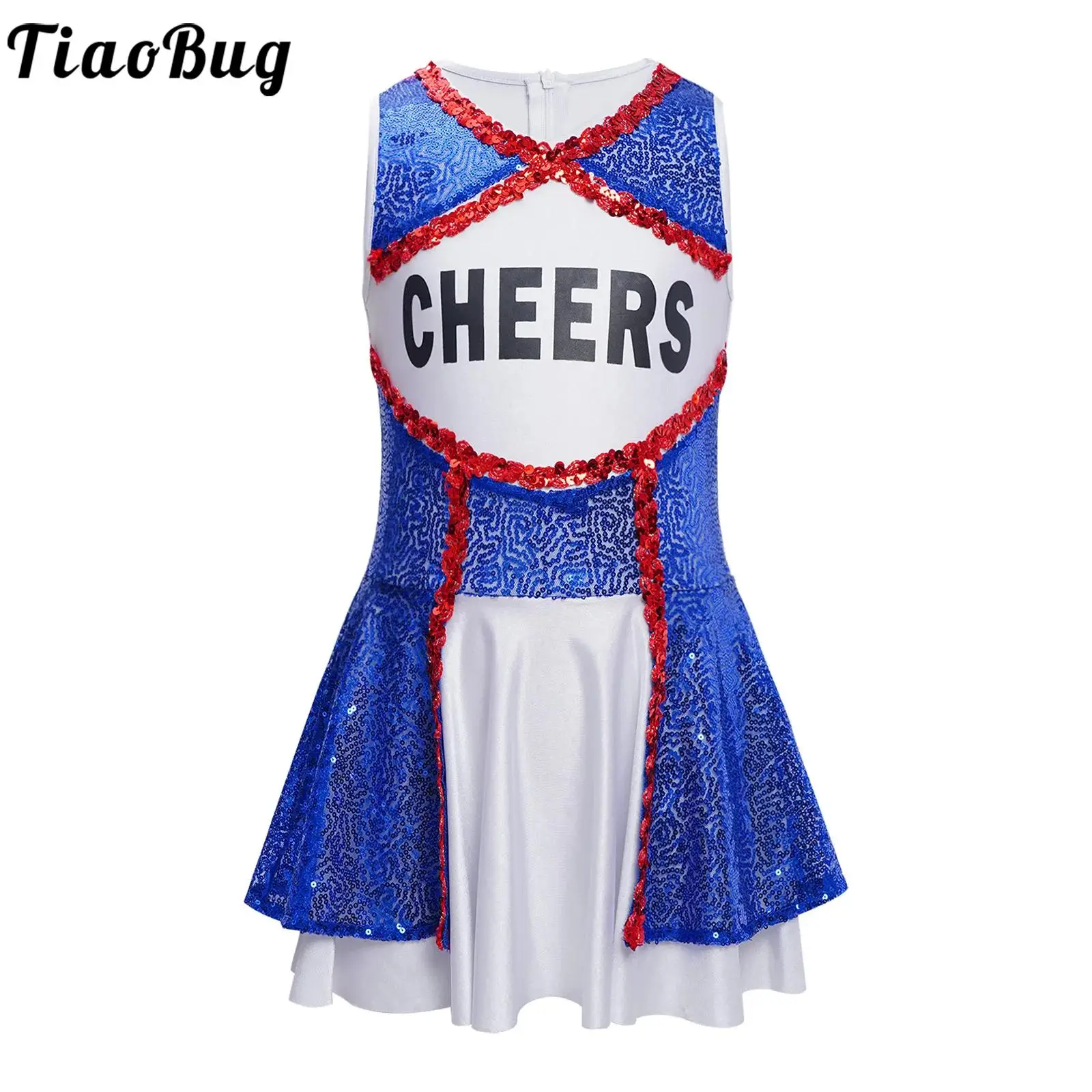 

Kids Girls Cheerleading Dance Dress Uniform Sleeveless Shiny Sequins Color Block Dress Halloween High School Performance Costume
