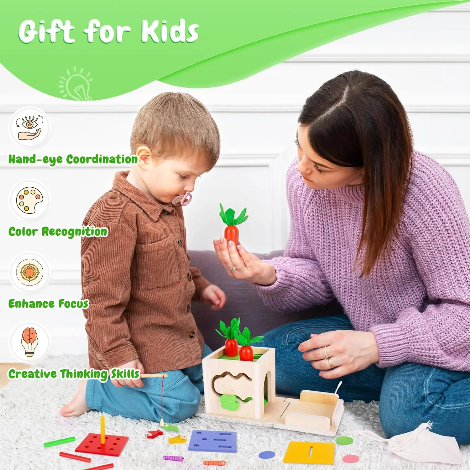 Montessori Toys Wooden Permanence Box Carrots Toys Color Shape Sorting Toys Fine Motor Early Educational Toys for Toddlers