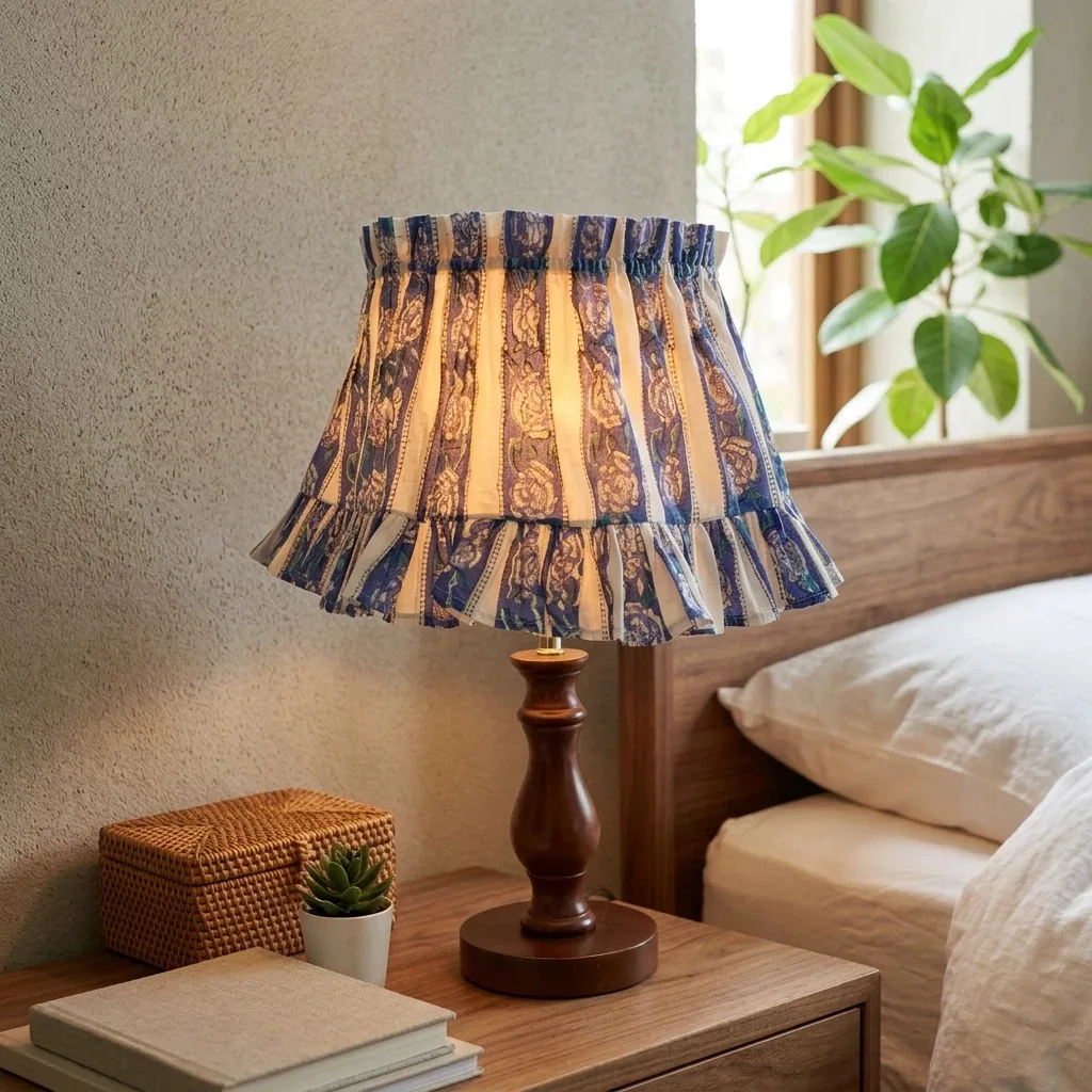Vintage-Rustic Indian Hand-Block Printed Cotton Lampshade DIY Replacement 100% Washable Removable Sustainable Fabric Lighting