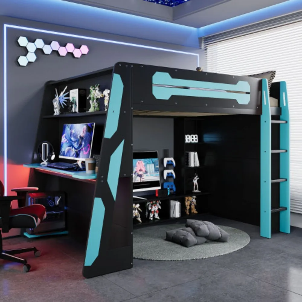 

Full Size Wood Loft Bed with Desk, Multi-Storage Shelves and LED,Tailor-Made for Teenagers who Love e-Sports