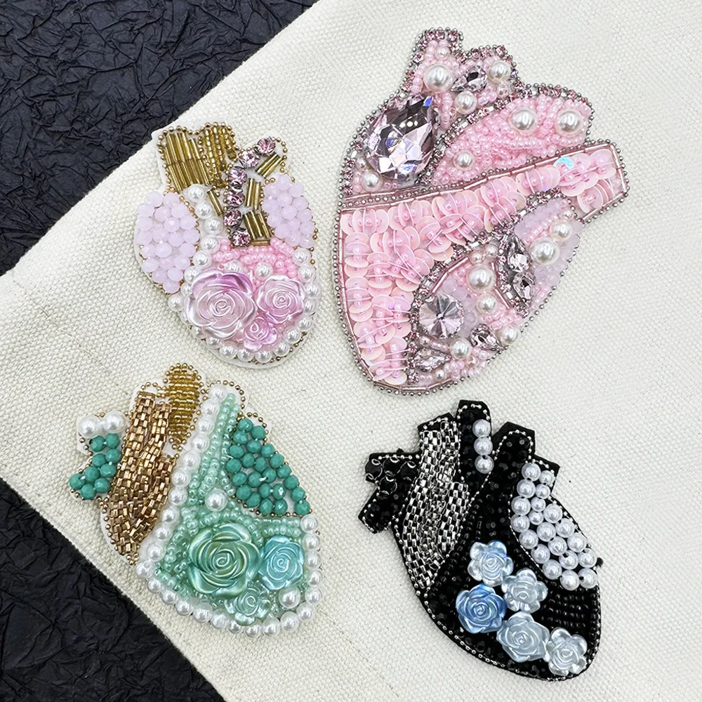 Handmade beaded rhinestone chain flower heart fashion badge clothing embroidery fabric appliqué