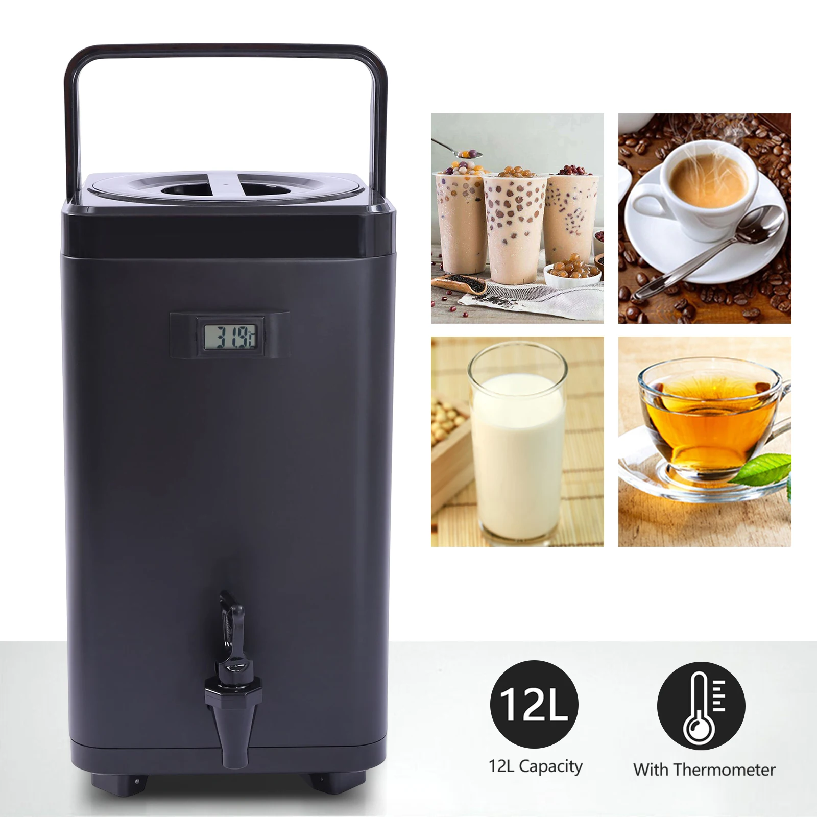 Food Grade Water Jug Hot & Cold 12L Insulated Beverage Dispenser Square Temperature Display Coffee Milk Tea Bucket