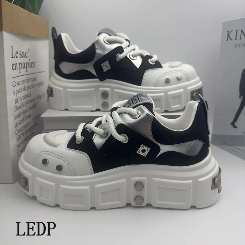 LEDP Senior Sense Dad Shoes Men's Rivets 2024 Summer New Increase Thick Sole Design Sense Fashion Korean Big Head Derby Shoes