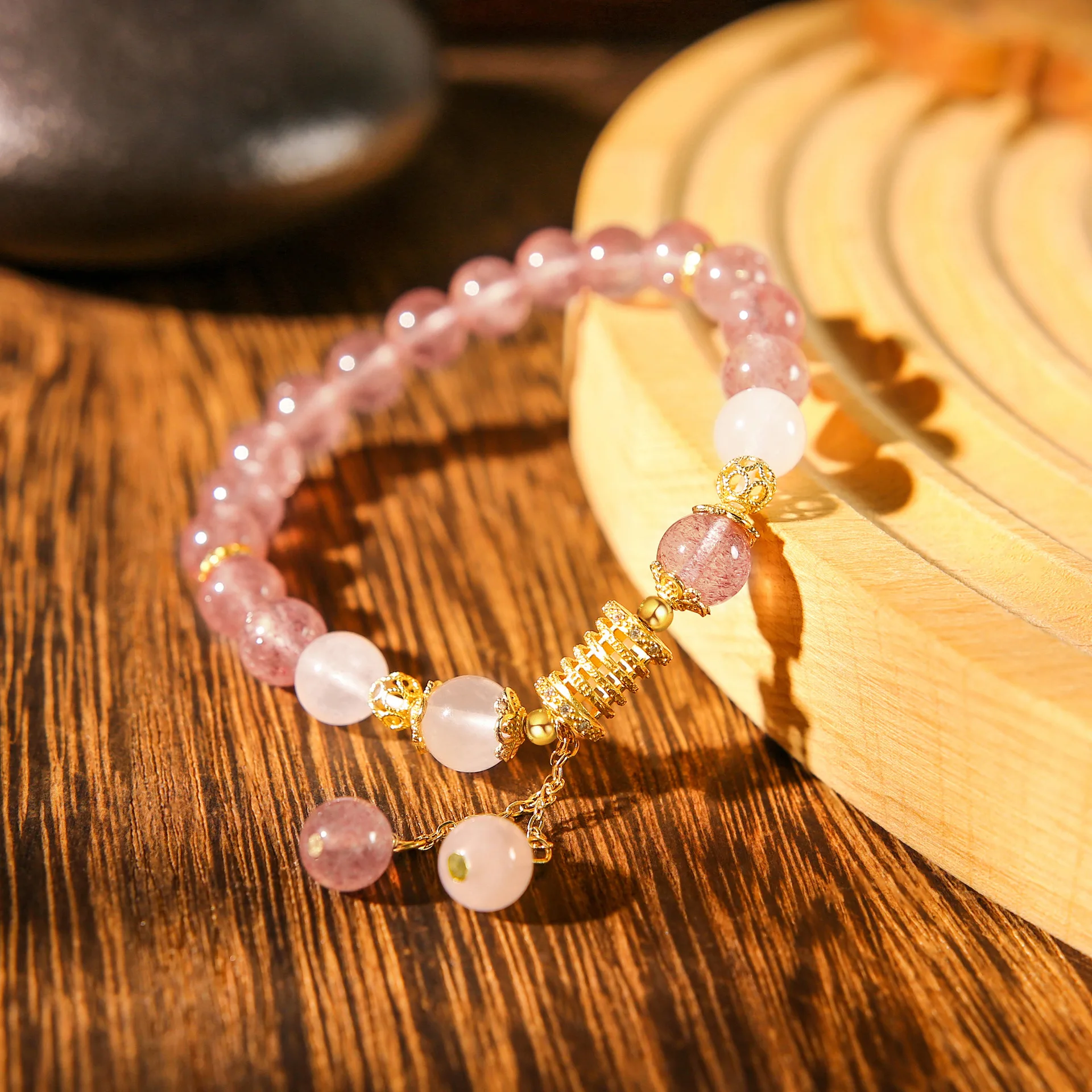 

Strawberry Quartz Beaded Bracelet with Moonstone & Gold Accents – Romantic Bohemian Style Jewelry