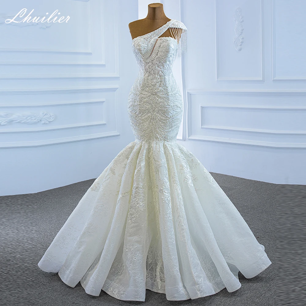 

Lhuilier Customized One Shoulder Beaded Lace Mermaid Wedding Dresses Sleeveless Bridal Gown with Court Train