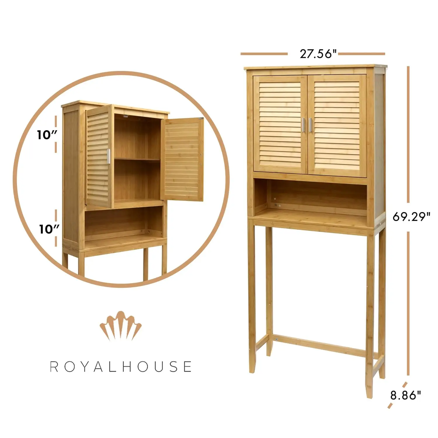Bamboo Over-Toilet Storage Cabinet with Bottom Shelf & Double Door Organizer, Bathroom Space Saver, Free Standing, Customized