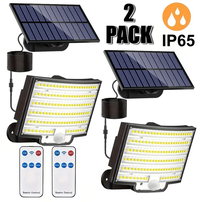 

2PCS 252LEDs Solar Motion Sensor Lights Outdoor, IP65 Waterproof Solar Flood Lights with 16.4ft Cable, 3 Lighting Modes & Remote Control, Solar Security Street Lamp, for Garden, Garage, Patio, Pathway, Fence, Eaves