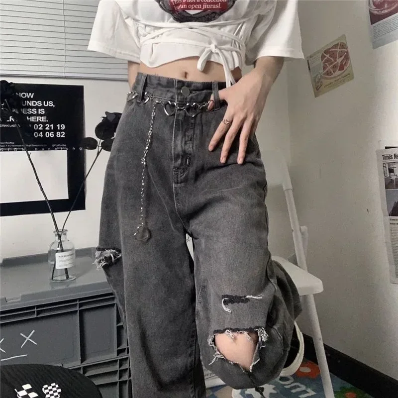 Vintage Streetwear Dark Gray Jeans Women Y2K High Waist Ripped Denim Trousers Female 2022 New Design Loose Wide Leg Pants