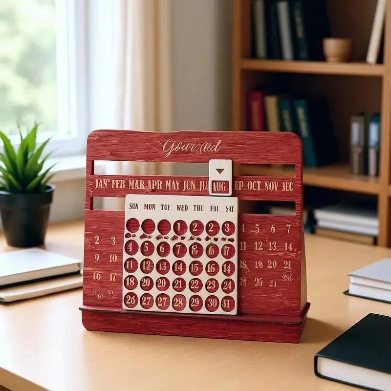 Wooden Perpetual Calendar With Monthly Chart And Year-Round Display - Desk Calendar Suitable For Office Planning And Decoration