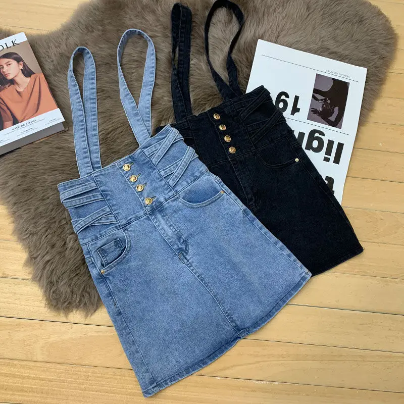 

Women's Denim Skirt With Spaghetti Strap Fashion High Waist Vintage Single Breasted Summer Slim All-matched Suspender Skirts