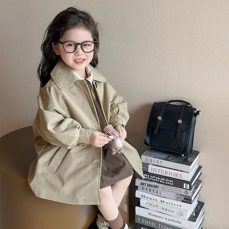 

Spring and Autumn Girls' Windbreaker New Children's Single breasted Mid length British style Coat